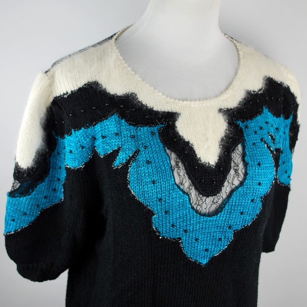 Vintage 80s Lara Ferrante Short Sleeve Angora Trim Sweater M - Picture 4 of 10